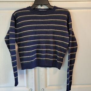Brandy Melville Navy Green Cream Striped Semi Cropped Knit Sweater